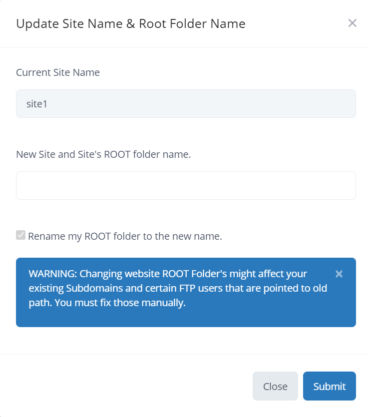 Screenshot of the site’s root folder names.
