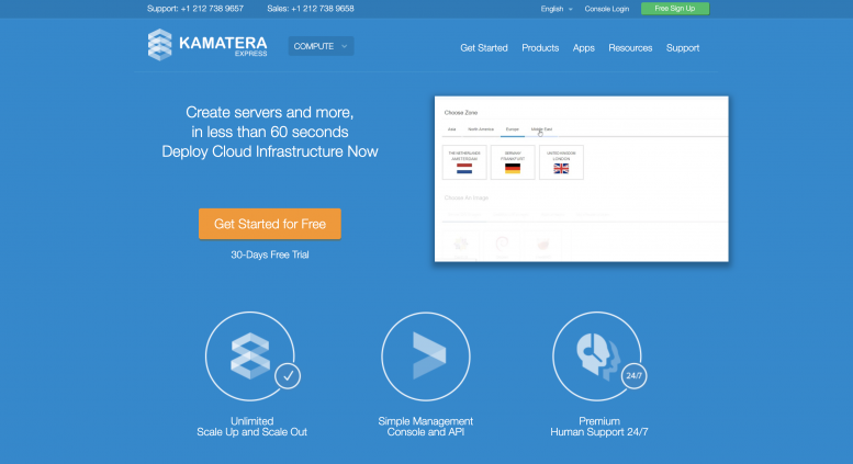 Kamatera home page screenshot