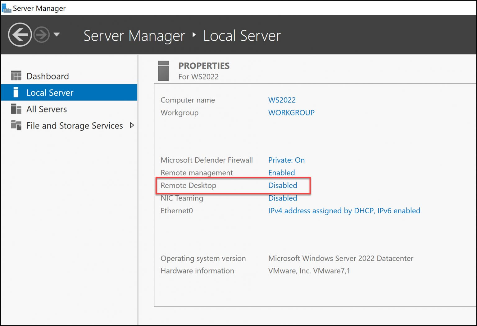 screenshot of Server Manager window with highlighted "Remote Desktop-Disabled"