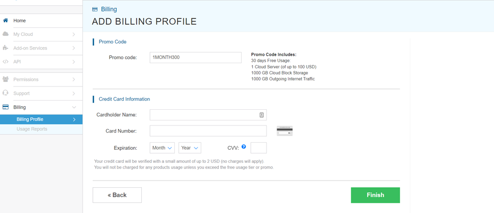 screenshot of Billing profile (adding a promo code)