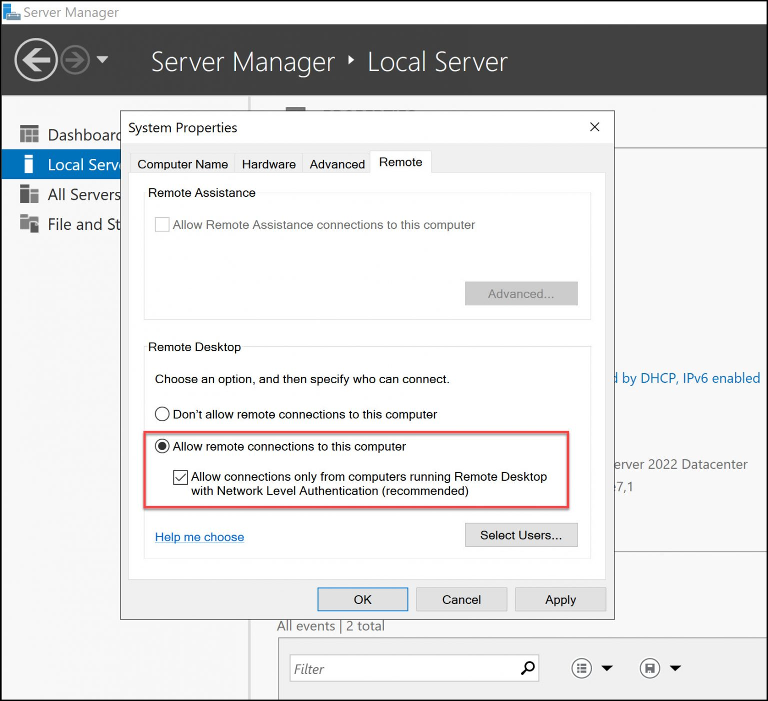 screenshot of System properties window with highlighted "Allow remote connections to this computer"