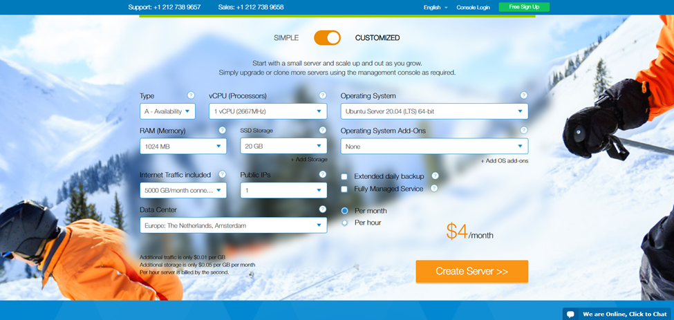 screenshot of Kamatera customized plans