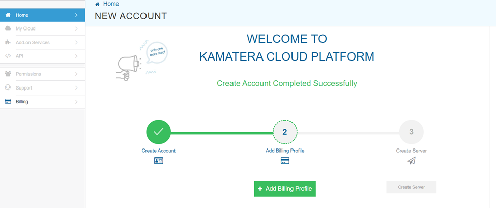 screenshot of Kamatera welcome-page