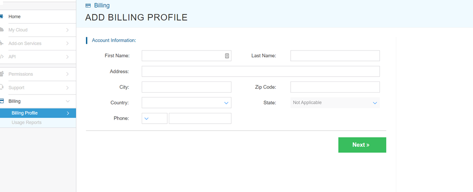 screenshot of Billing profile (creating)