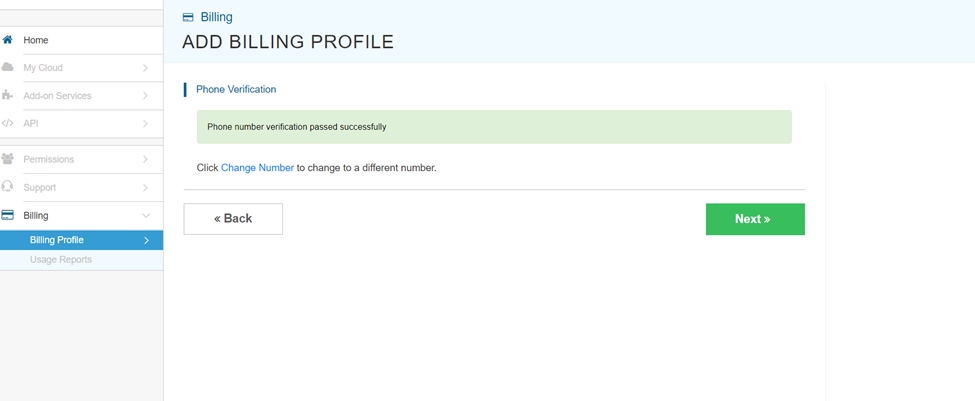 screenshot of Billing profile (phone number verification passed successfully message)