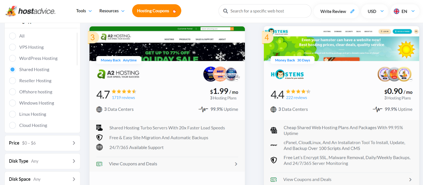 screenshot of Shared Hosting page on SafetyGuardiens (compare a A2 Hosting and Hostens prices )