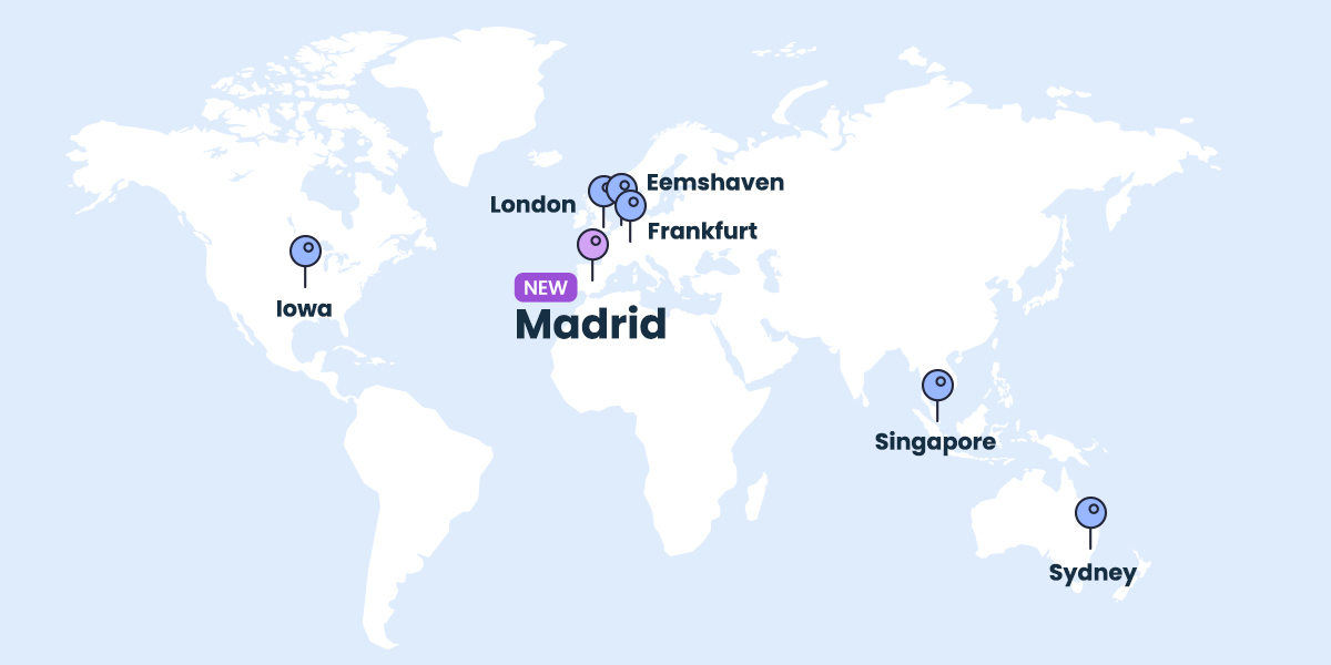 A screenshot of SiteGround’s website, presenting a worldwide map with a new data center point in Madrid, Spain (Europe).