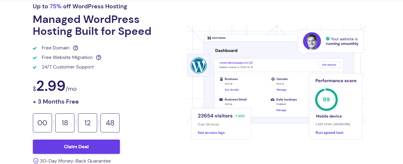 A photo of Hostinger’s WordPress hosting home page.