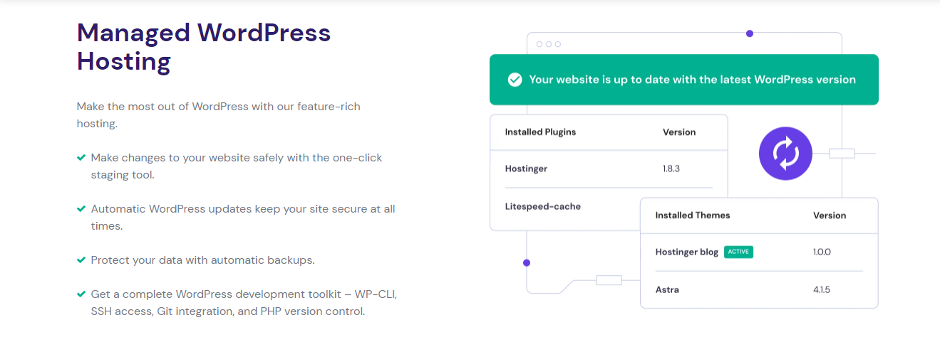 Photo of Hostinger’s Managed WordPress perks.