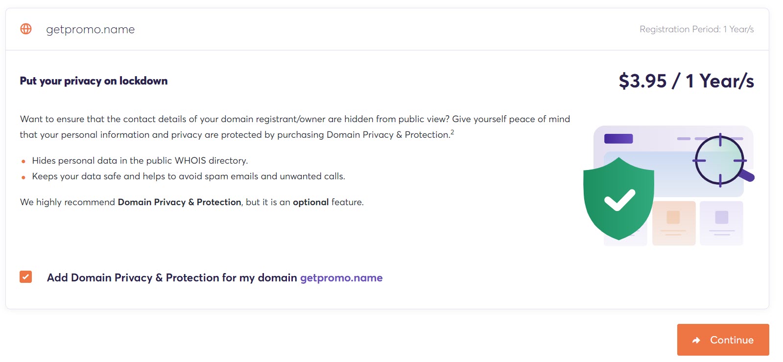 a screenshot of the option to choose the domain privacy and protection feature when registring to ChemiCloud